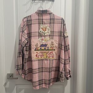Distressed Flannel Shirt vintage embroideries crewel OOAK 18W needlework Bleach